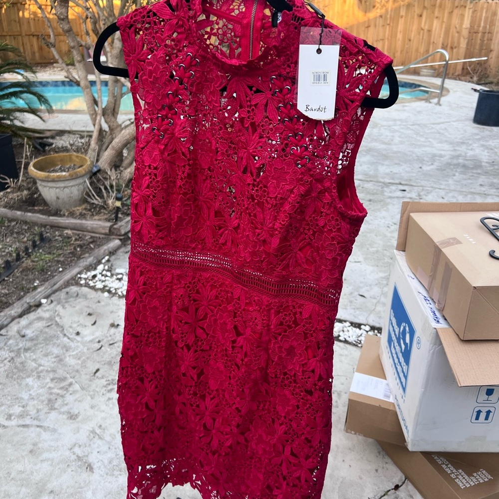 Bardot Crimson Lace Mini Dress